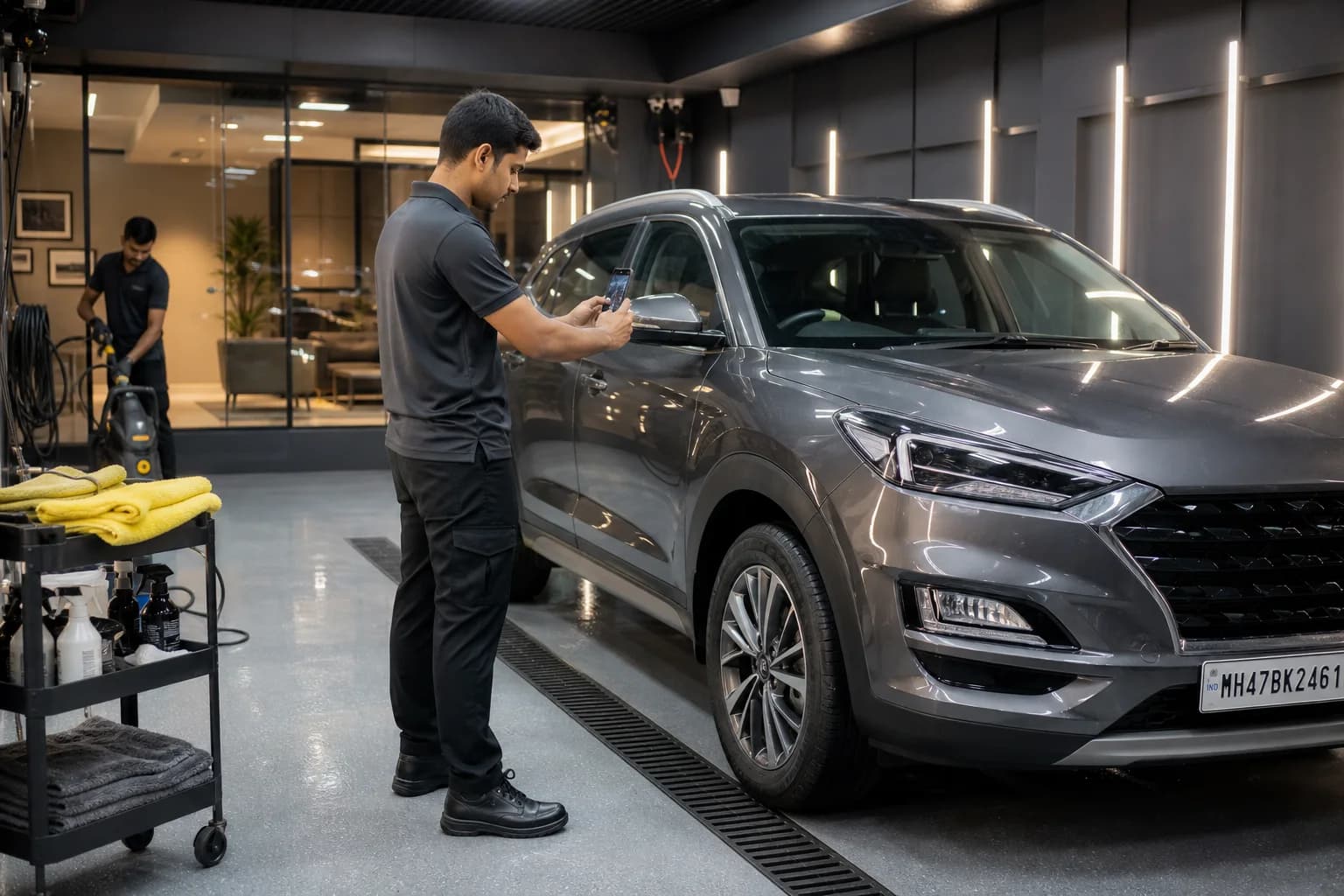 Indian car wash worker photographing a hatchback before starting the wash
