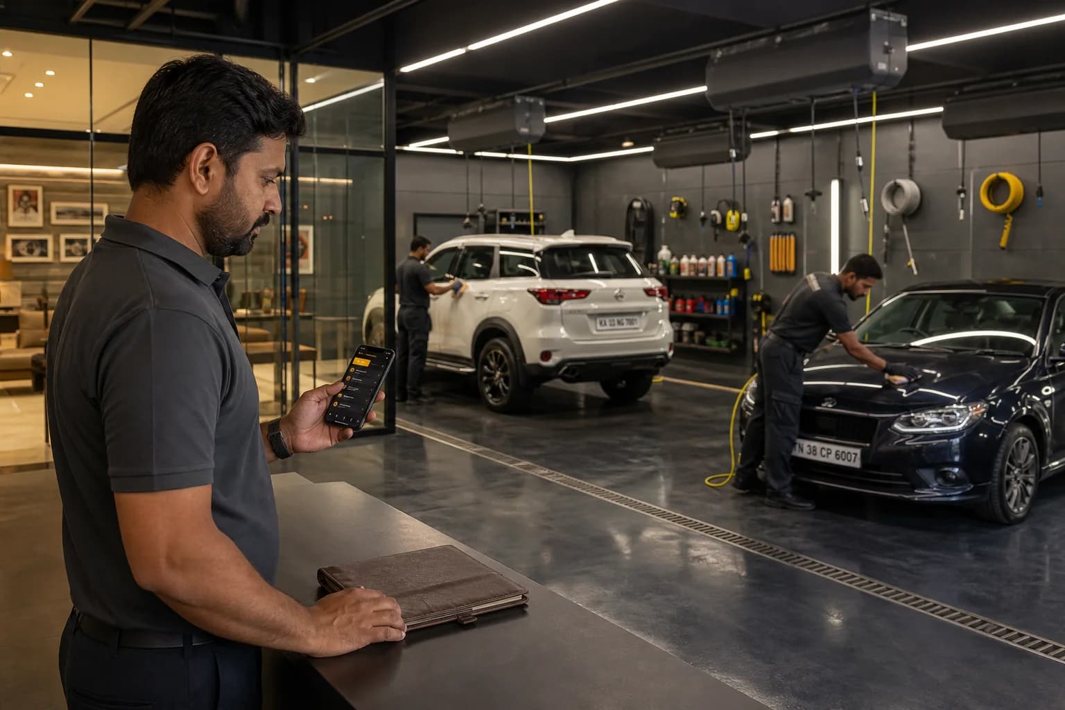Indian car wash owner checking the day’s queue on his phone beside a paper ledger