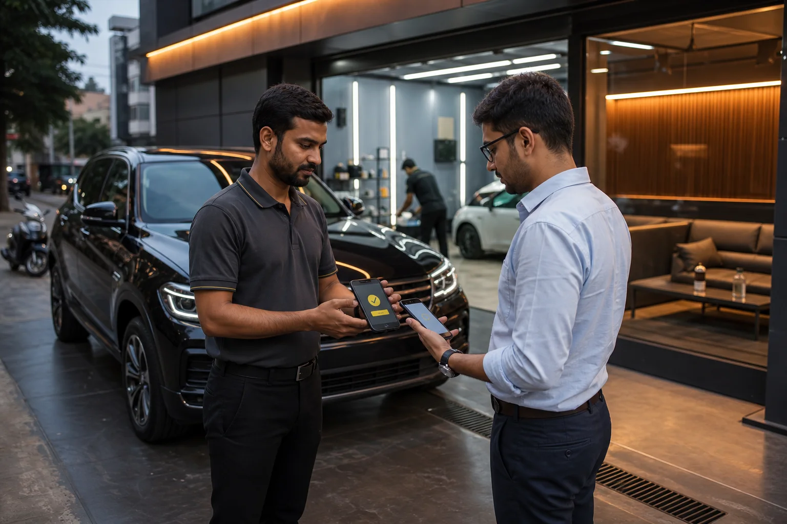 Indian car wash manager confirming a UPI payment with a customer